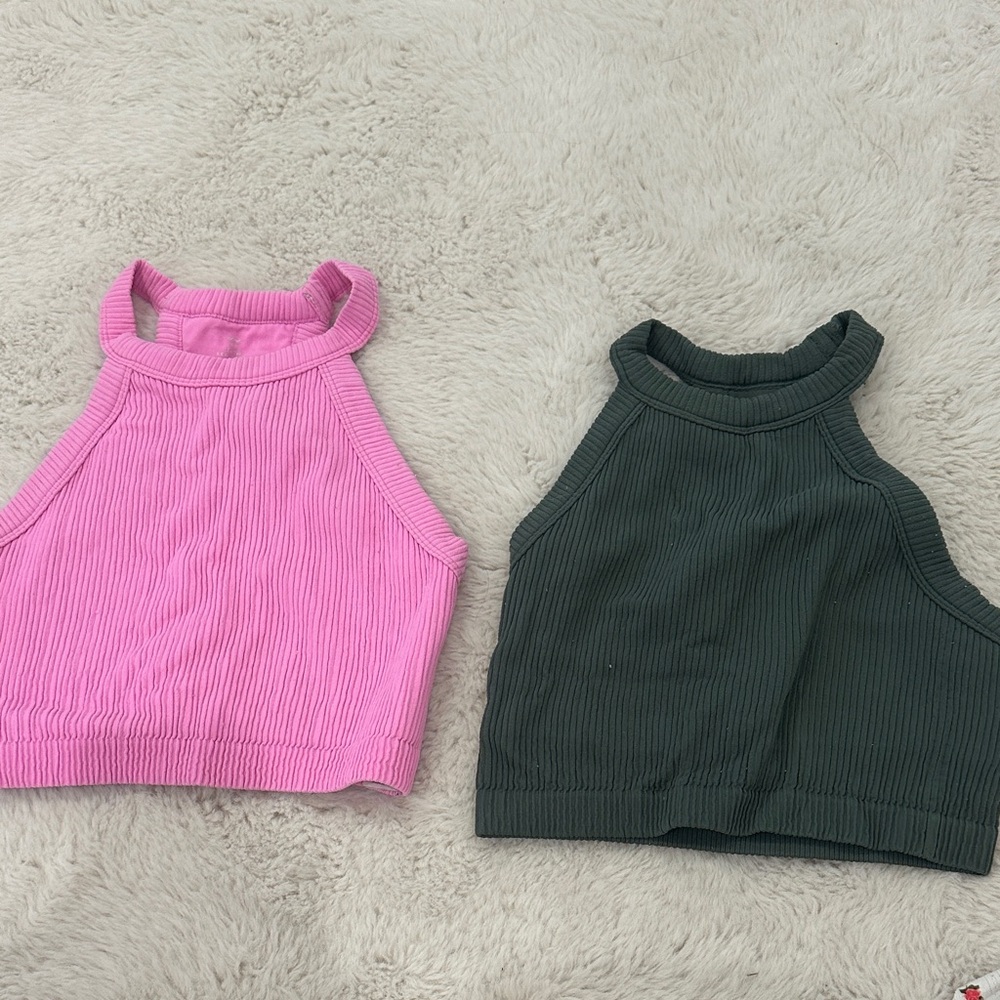 Aerie Pink and Dark Green Ribbed Halter Tops
